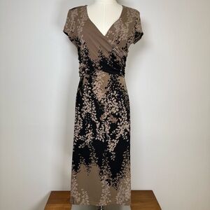 BCBG MaxAzria Black And Brown Floral Wrap Dress Short Sleeve Womens Size Medium